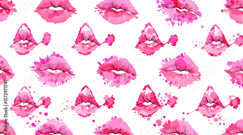 Hand-Painted Watercolor Lips Seamless Pattern on White Background