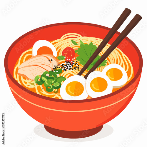 Pixel Art Illustration of Traditional Japanese Ramen in Red Bowl with Eggs Pork and Green Onions with Chopsticks