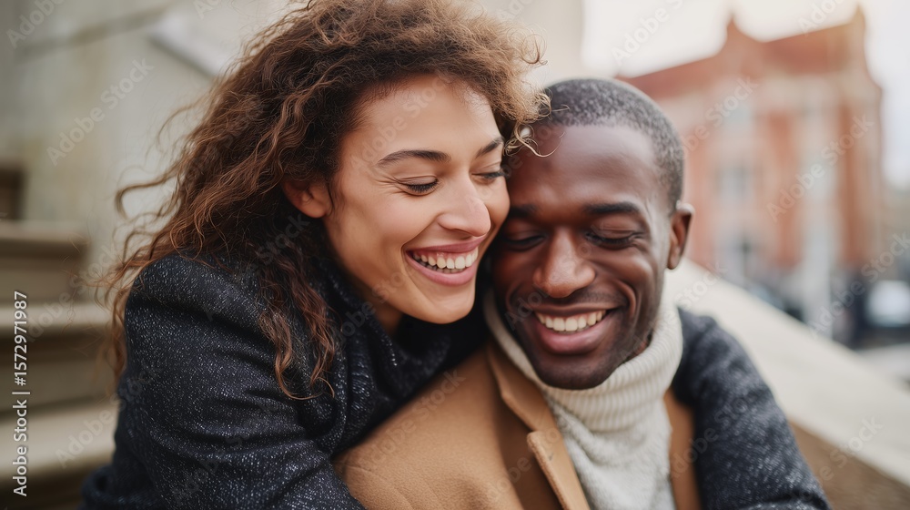 Joyful couple embraces on outdoor steps during winter afternoon in a charming urban setting Joyful couple embraces on outdoor steps during winter afternoon in a charming urban setting