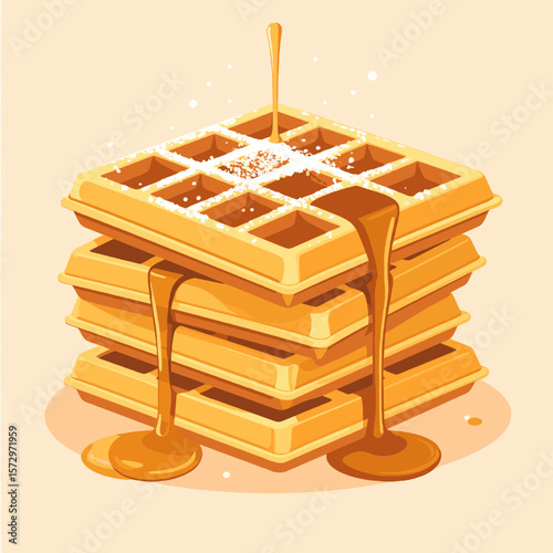 Pixel Art of Stacked Waffles with Syrup and Powdered Sugar in Beige Background Detailed Illustration