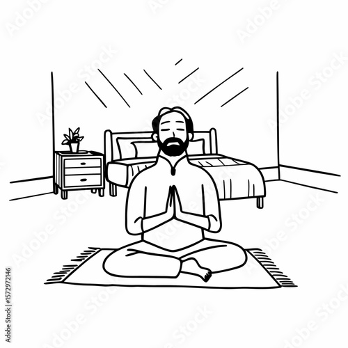 A mature hispanic man with a beard and grey hair meditates peacefully in a bright bedroom