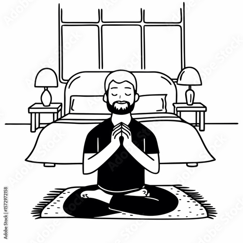 A mature hispanic man with a beard and grey hair meditates peacefully in a bright bedroom