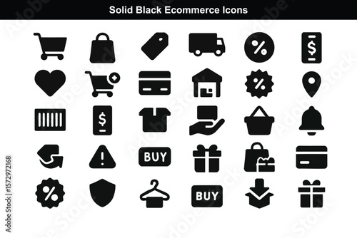 Solid Black Ecommerce Icons in Silhouette Style for Print and UI