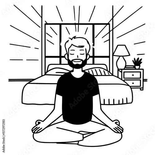 A mature hispanic man with a beard and grey hair meditates peacefully in a bright bedroom