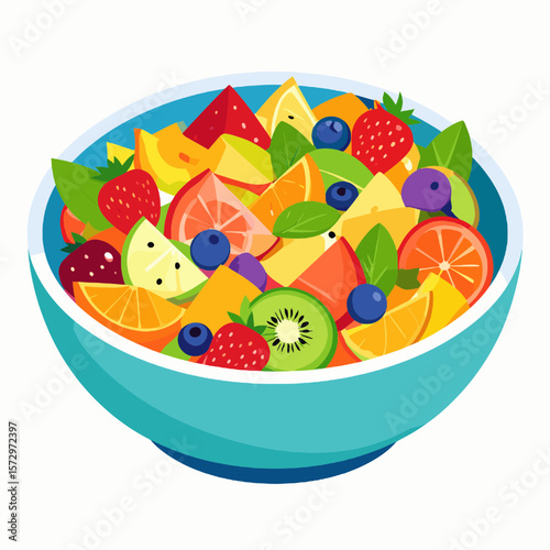 Pixelated Fruit Salad in a Bowl Featuring Strawberries Oranges Grapes Kiwi and Melon Against White Background