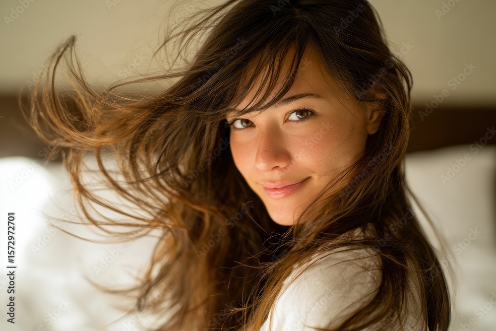 Fototapeta premium A woman with wind blown hair is bathed in soft studio light, her skin, hair, and eyes captured in fine detail, emphasizing her natural beauty and elegance.