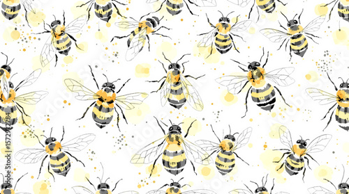 Delicate watercolor bees scattered across a light background, creating a charming pattern full of movement, nature, and gentle summer energy