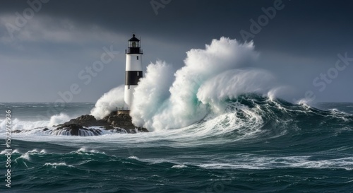 Dramatic Lighthouse Braving Fierce Ocean Waves Under Stormy Skies