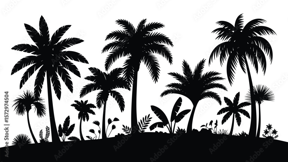 Silhouette of a tropical island landscape with various palm trees and foliage Silhouette of a tropical island landscape with various palm trees and foliage