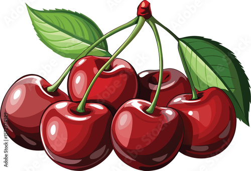 A cluster of ripe glossy red cherries with green leaves and stems