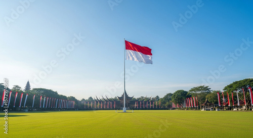 Indonesian Flag Waving on a Field under Clear Blue Sky