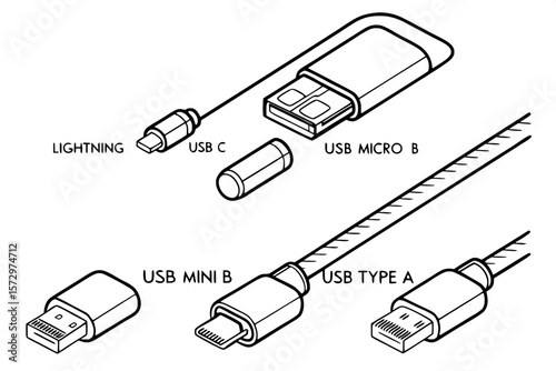"Minimalist technical drawing of five connector types, using only black outlines. Each connector—Lightning, USB-C, USB Micro B, USB Mini B, and USB Type A—is precisely rendered from a side and front v