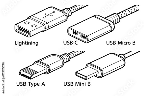 "Minimalist technical drawing of five connector types, using only black outlines. Each connector—Lightning, USB-C, USB Micro B, USB Mini B, and USB Type A—is precisely rendered from a side and front v