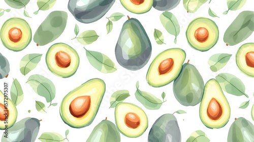 Hand-painted avocados with soft green tones and leafy accents, forming a playful seamless design inspired by freshness and organic living