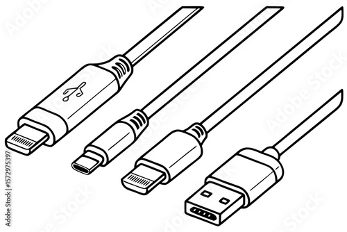 "Black and white outline drawings of various digital device connectors, including Lightning, USB-C, Micro USB, Mini USB, and USB-A. Each connector is isolated and viewed head-on and from the side, ali