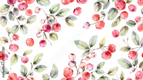 Hand-painted cherries with glossy highlights and gentle shading, forming a whimsical repeating design full of color and vitality