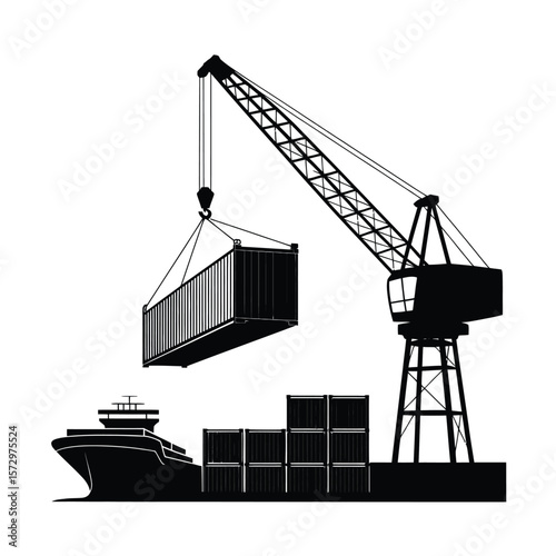 Silhouette of a container ship being loaded by a port crane with cargo containers