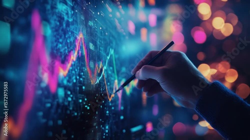 Hand points at a digital stock chart with lights in background, showing market trends