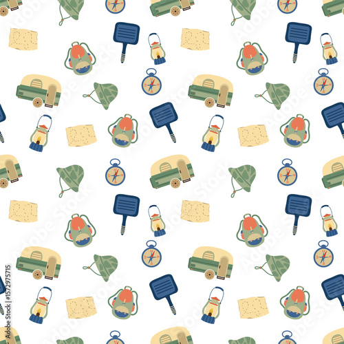 Camping seamless pattern, camping and hiking elements.