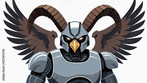 Robotic Bird-Headed Figure with Horns and Wings