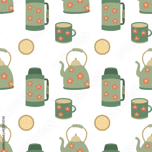 Tea time Seamless pattern. Thermos, teapot, mug and cookies. Retro tea elements pattern 