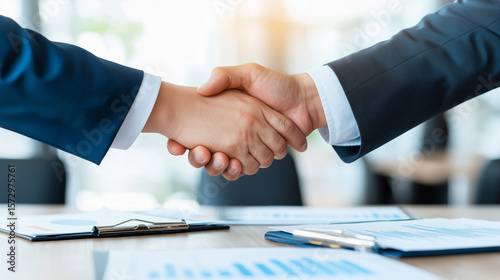 Business Partnership Agreement Shaking Hands During Meeting with Financial Documents on a Table in Office Setting