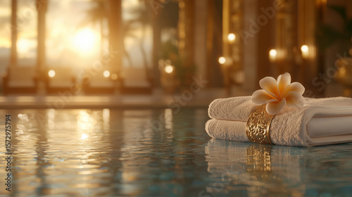 Serene Spa Environment with Rolled Towels and Frangipani Flower Near Tranquil Swimming Pool at Sunset