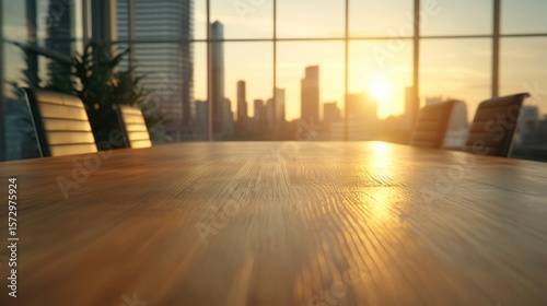 Wooden Table with City Skyline at Sunrise Viewed Through Large Windows in Modern Office Setting