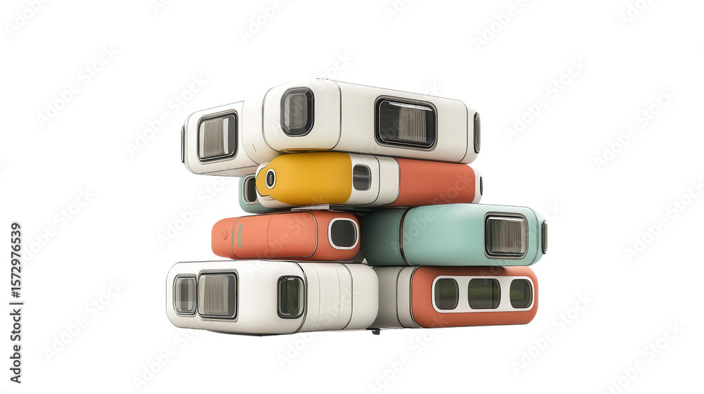 Fototapeta premium Capsule house with stackable modular structure background isolated on a Transparent background, PNG file.