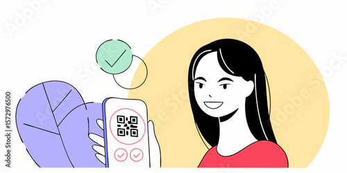 Woman showing QR code on smartphone for contactless verification, flat vector illustration