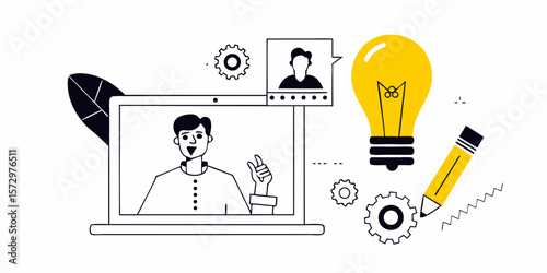 Creative online meeting and brainstorming session concept, modern flat illustration