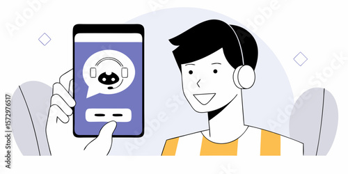 Man with headset using chatbot app on smartphone, modern flat illustration