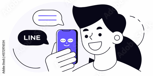 Smiling woman using messaging app on smartphone, flat vector illustration