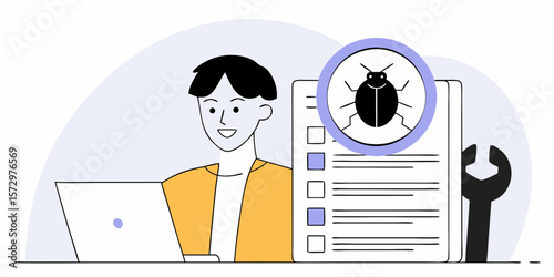 Software developer debugging code with laptop and bug checklist, flat vector illustration