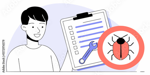 Young man with checklist and bug icon, concept of software testing and debugging, flat vector illustration
