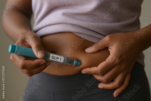 Young Black woman self-injects GLP-1 treatment into her belly using an injector pen labeled semaglutide for weight loss.