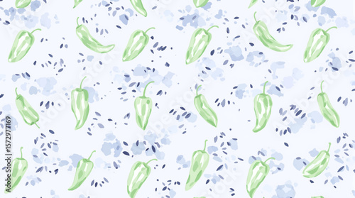 Hand-painted green peppers in soft watercolor tones, forming a lively seamless design inspired by freshness and garden-grown goodness