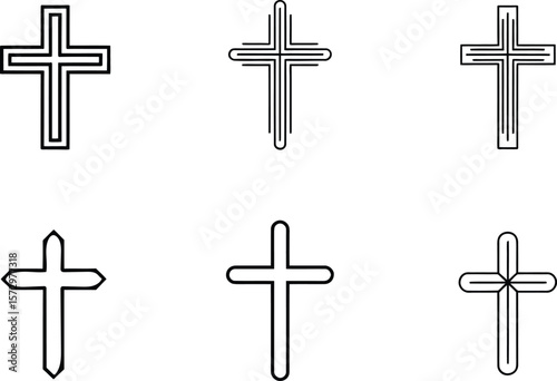 Collection of Six Simple Line Art Cross Designs:  Religious, Minimalist, and Elegant Vector Graphics.