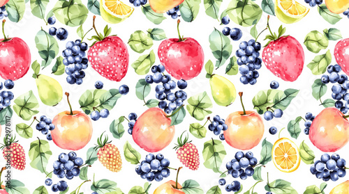 A vibrant watercolor mix of fruits and berries, creating a lively pattern full of freshness, color harmony, and natural summer abundance