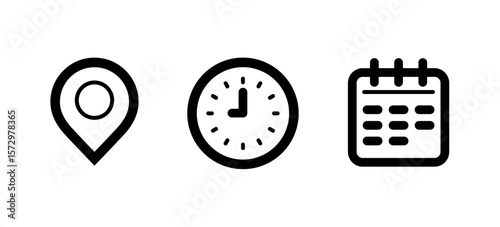 Address location icon. Clock  watch or time icon. Line Date Calendar icon. Marker icon, Alarm