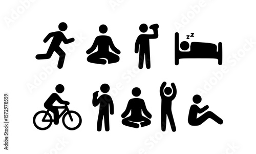 Healthy Lifestyle Icons Exercise, Yoga, Sleep, and Relaxation Illustrations