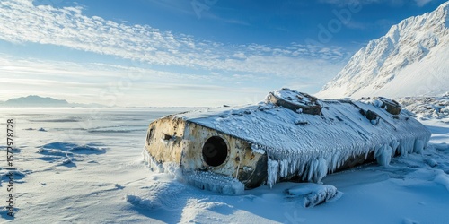 A frozen-over tank left in arctic ruins