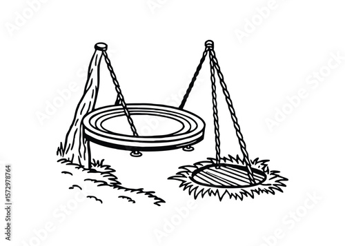 Silhouette of rope swing with disc seat isolated on a white background