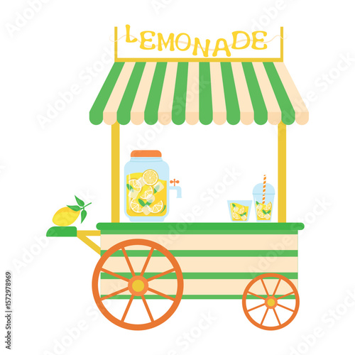 Street cart with a glass jar and glasses with refreshing lemonade, lemon slices, mint and ice