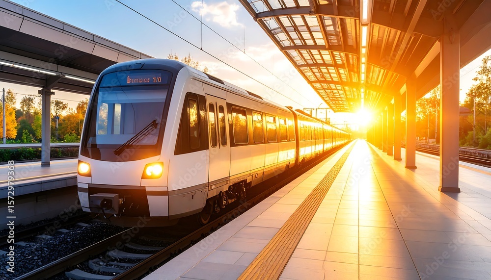 Naklejka premium Arriving Train at Platform During Sunset Glow