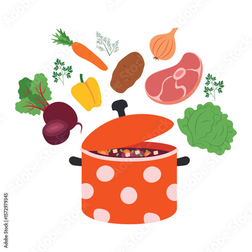 Red metal saucepan with polka dots with borsch or soup. Vector of vegetables and meat for cooking