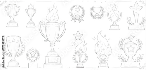 Set of hand drawn elements. Trophy cup, torch with burning flame, first place gold medal and ribbon. Success, sports victory. Modern illustration