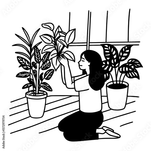 A young woman taking a moment to appreciate her plants, analysing their leaves and making sure they are well cared for
