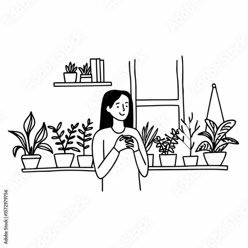 A young woman taking a moment to appreciate her plants, analysing their leaves and making sure they are well cared for