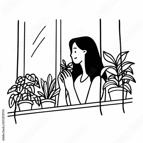 A young woman taking a moment to appreciate her plants, analysing their leaves and making sure they are well cared for